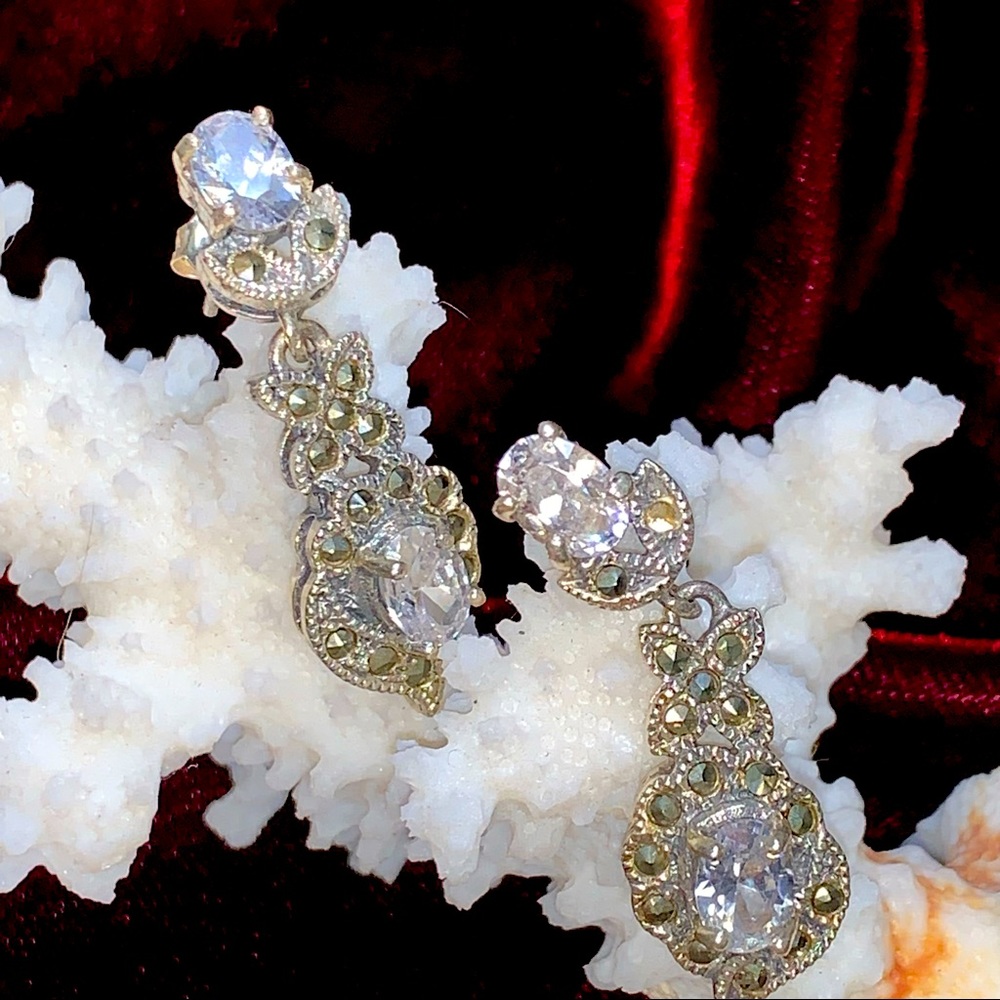 Vintage Art Deco Clear Stone & Marcasite Dangle Post Earrings